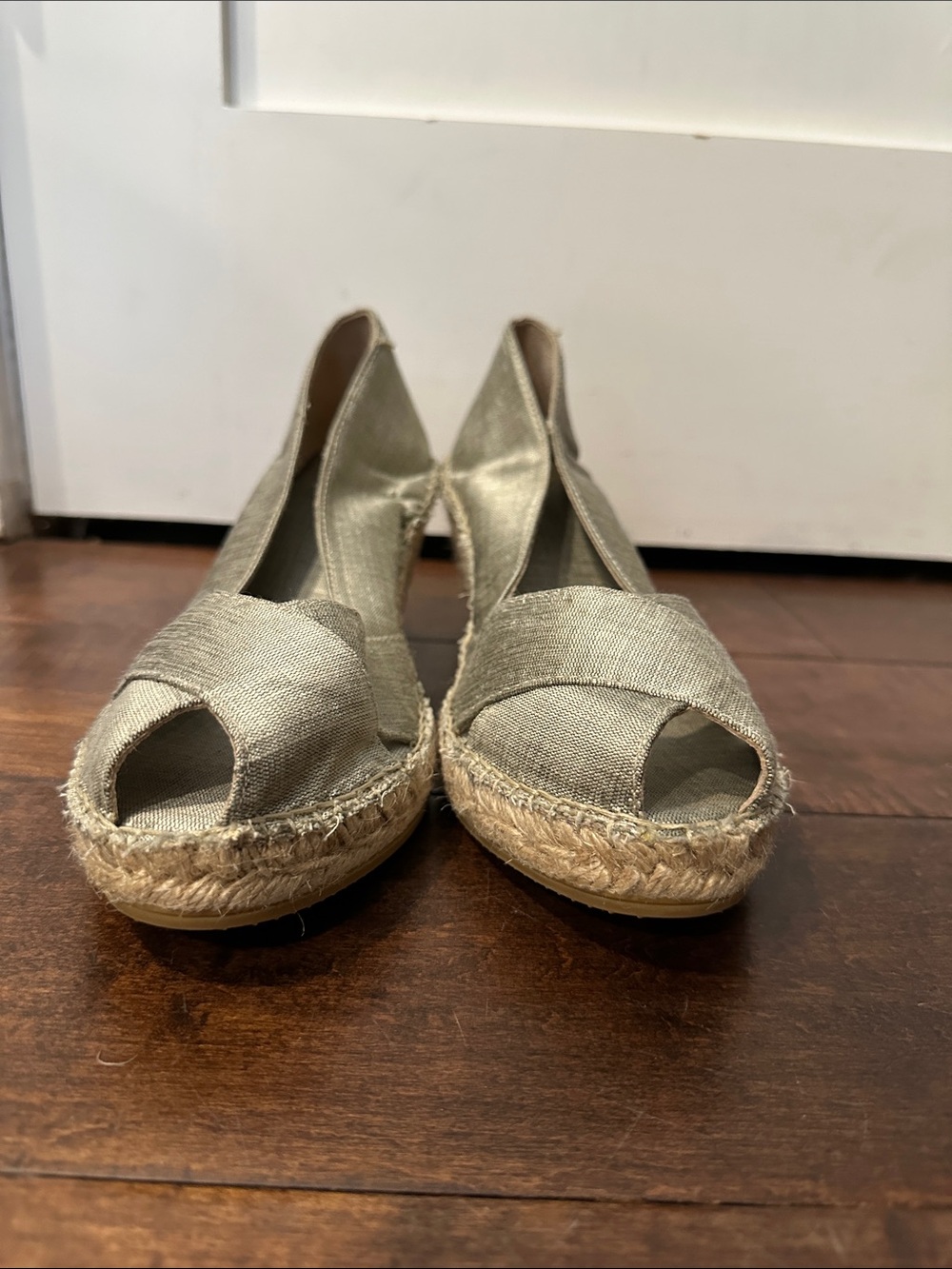 Metallic Taupe Peep-Toe Espadrille Wedges